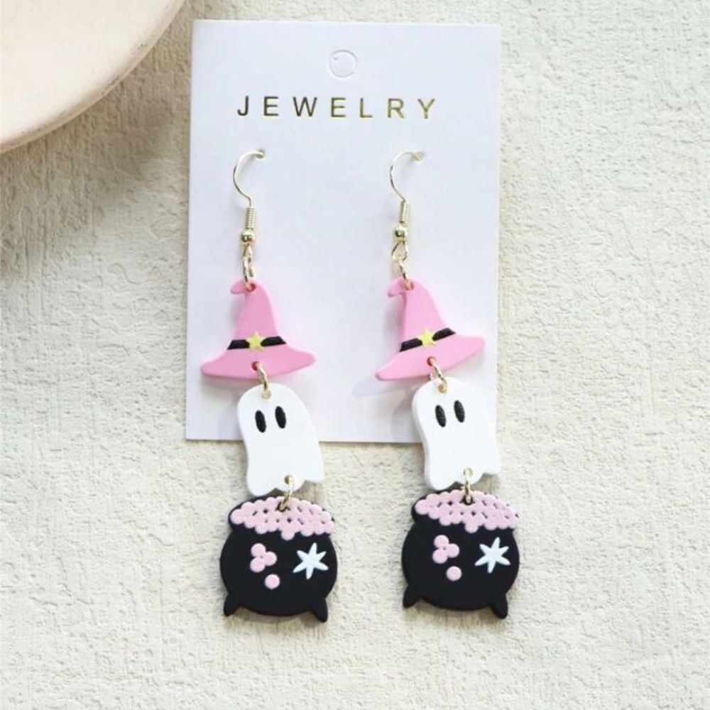 3for$20 1pair Women's Halloween  Hat & Ghost Print Clay Dangle Earrings